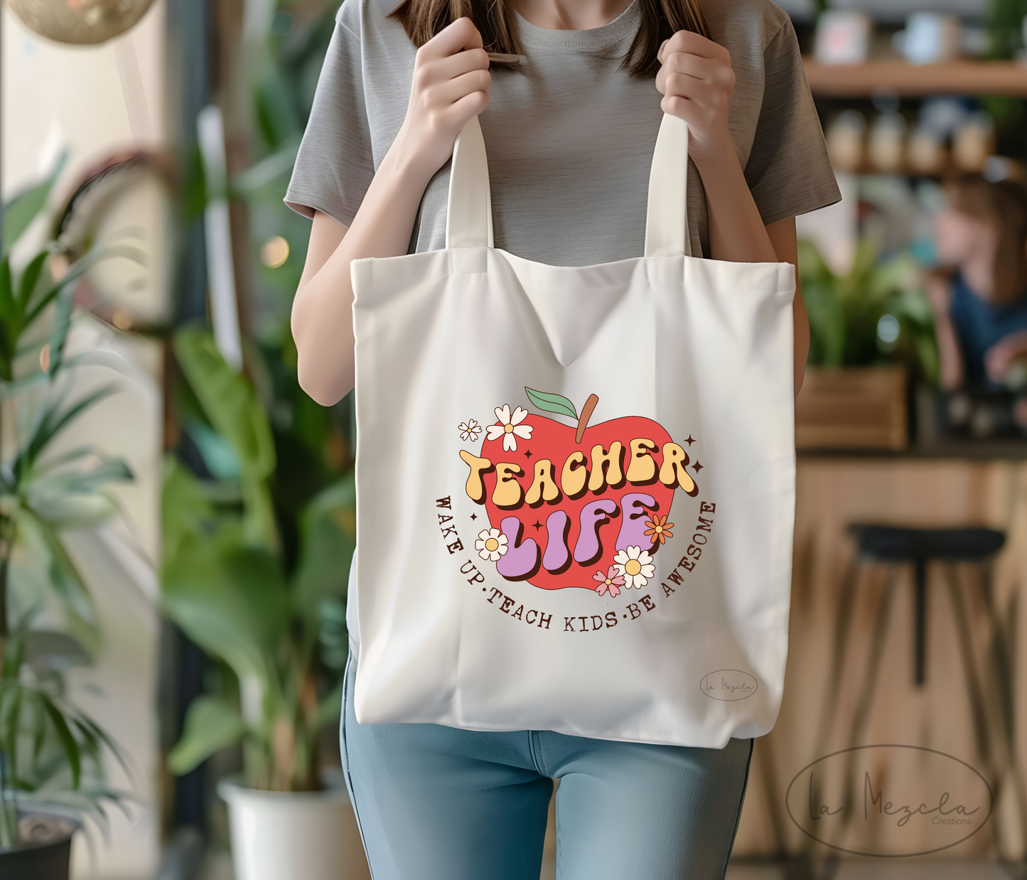 Teacher Life Tote, Wake Up Teach Kids Be Awesome Teacher Tote, Best Teacher Tote, Retro Style Reusable Canvas Style Shopping Bag, Reusable Shopping Tote, Apple Tote Shopping Bag