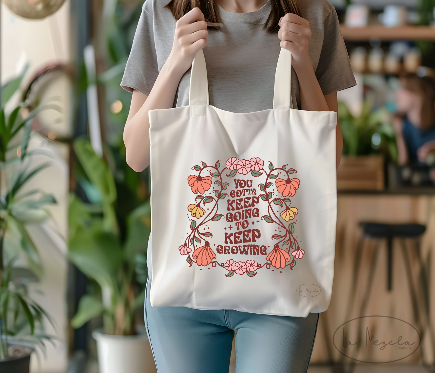 You Gotta Keep Going To Keep Growing Tote Bag, Retro Flowers Reusable Tote Bag, Retro Flowers Beach Tote, Polyester Eco Friendly Tote