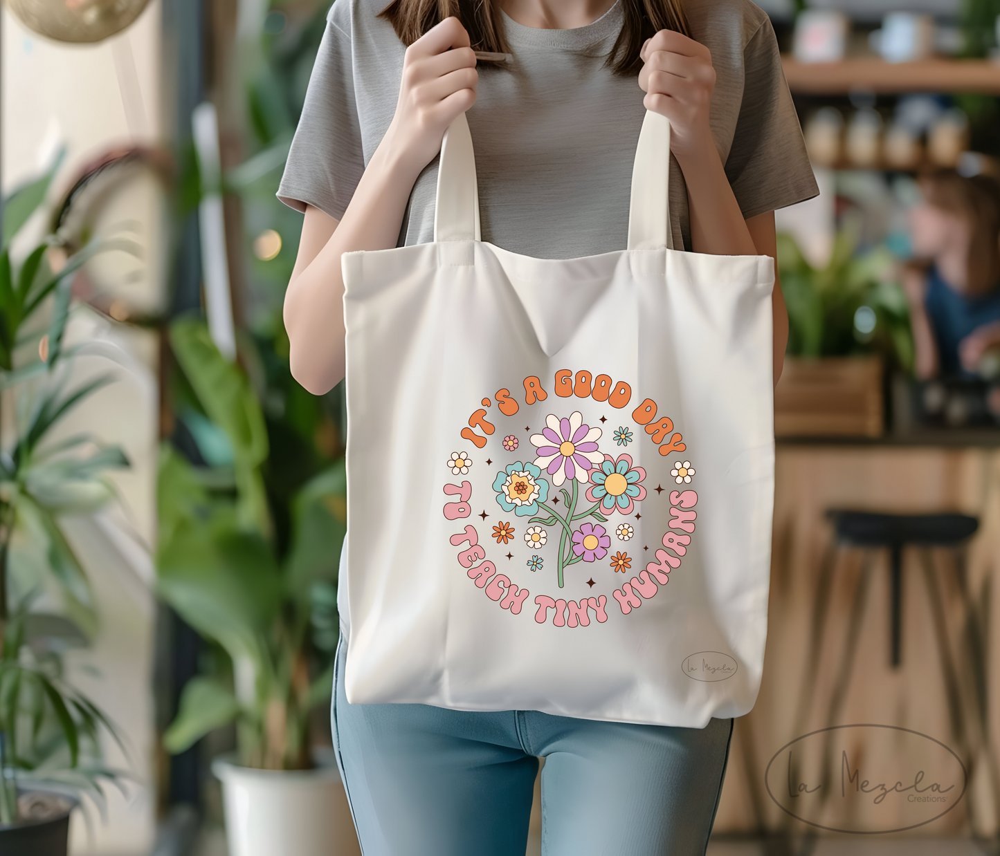 It’s A Good Day To Teach Little Humans Shopping Tote, Teachers Retro Flowers Reusable Canvas Style Shopping Bag, Polyester Eco Friendly Shopping Tote