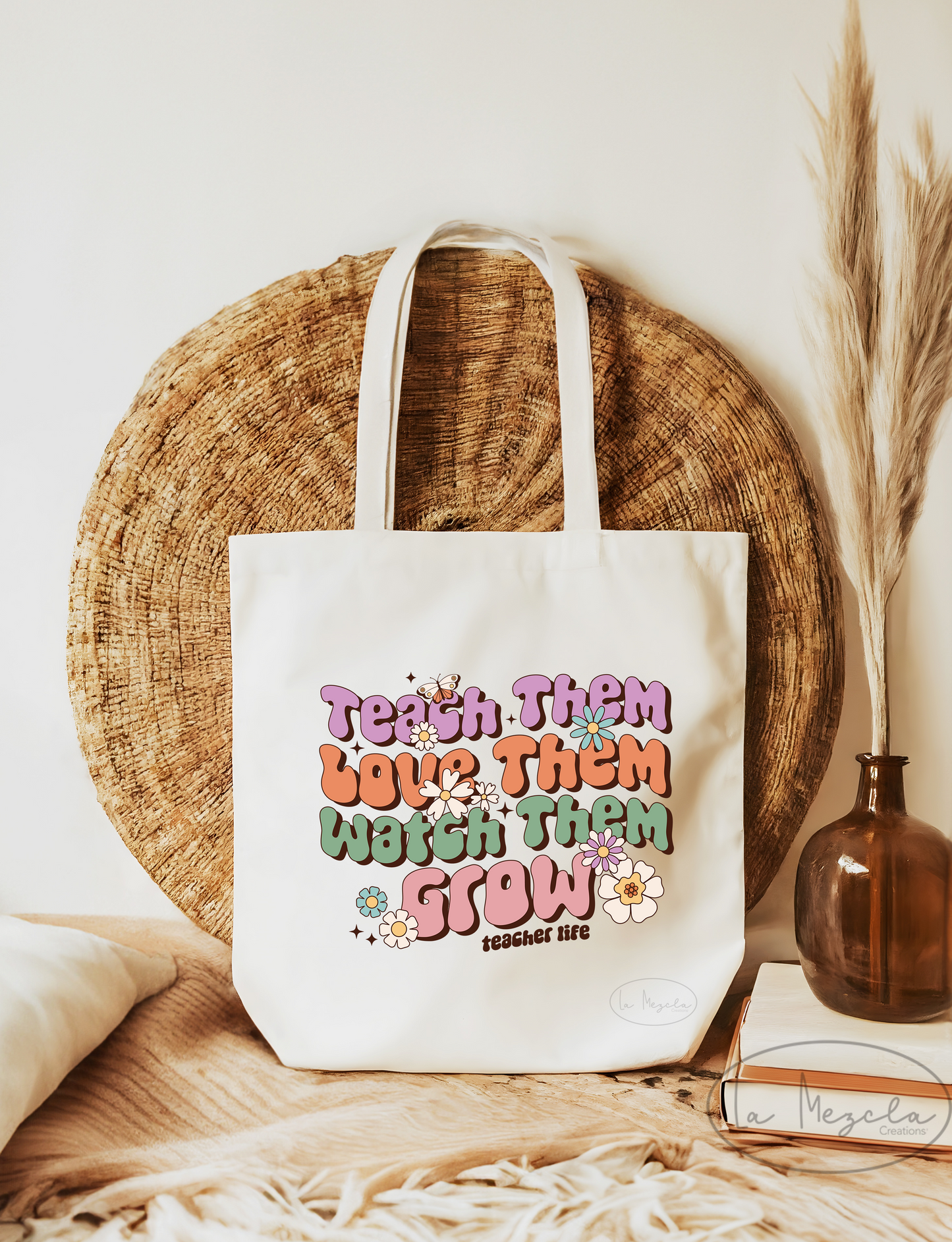 Teacher Life Tote, Teach Them, Watch Them Grow Teacher Tote, Retro Style Reusable Shopping Bag, Polyester Reusable Eco Friendly Bag