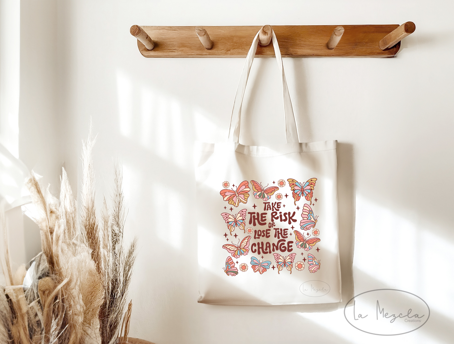 Take The Risk or Lose The Change Tote Bag, Butterfly Retro Design, Polyester Reusable Tote, Eco Friendly Tote