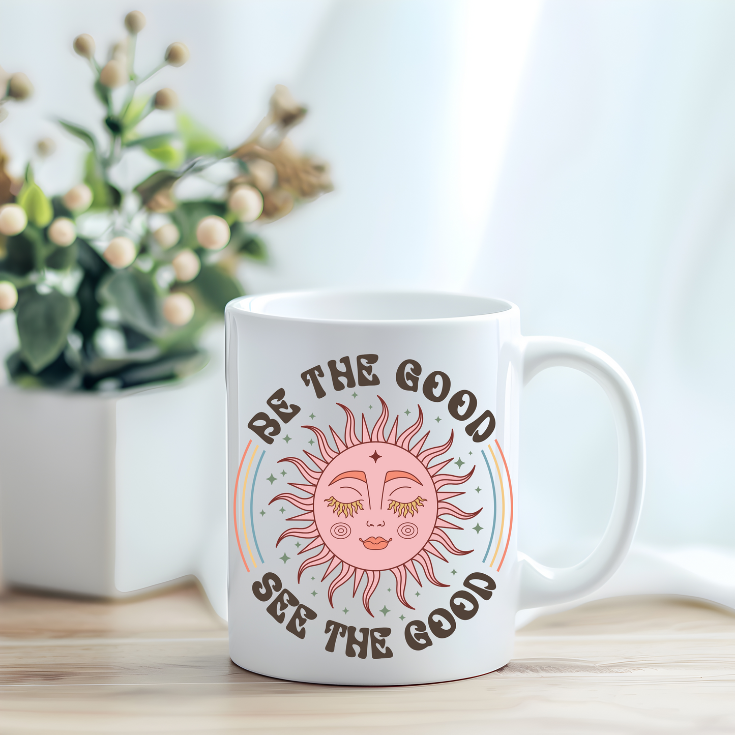 Be The Good See The Good Mug, Best Teacher Appreciation Mug, Positivity, Motivational, Affirmations, Celestial Retro Sun and Rainbows Cup