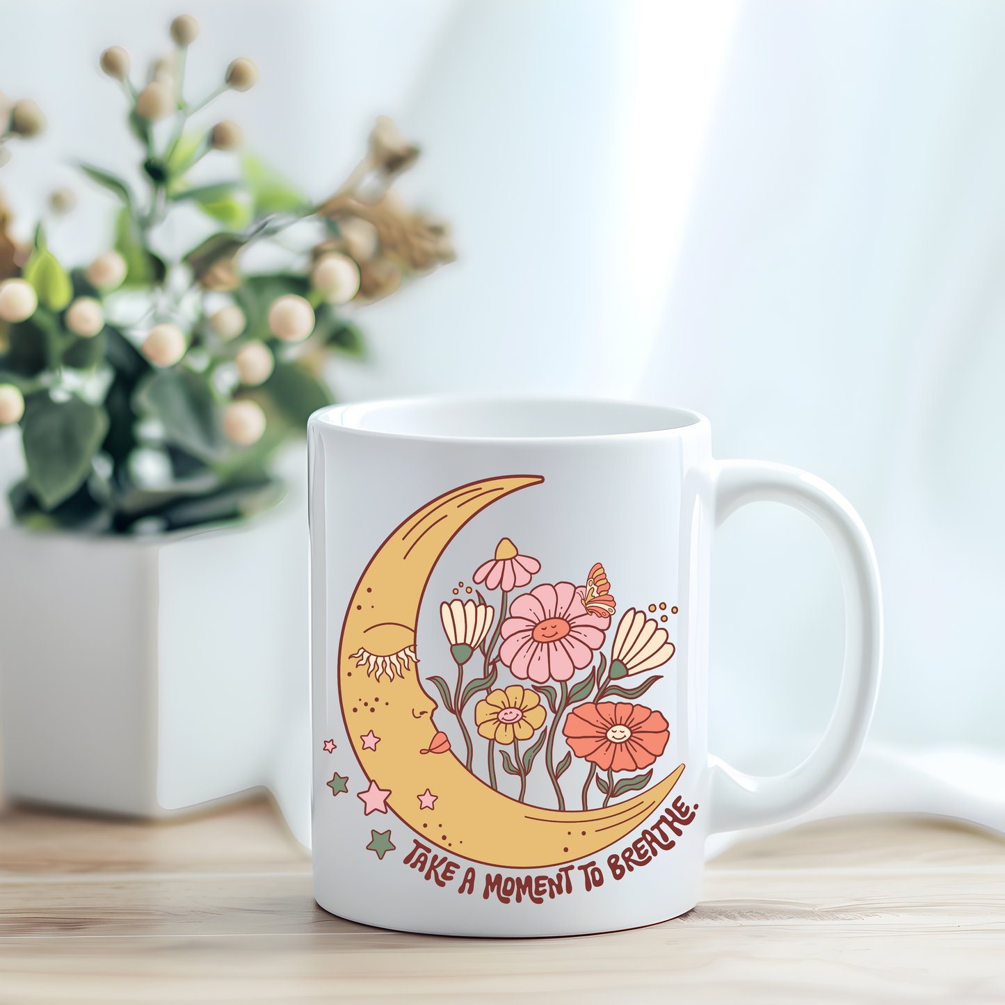 Take a Moment to Breathe Mug, Teacher Appreciation Mug, Best Teacher Mug, Positivity Mug, Retro Crescent Moon, Motivational Mug, Affirmations Mug, Celestial Coffee Cup, Teacher Gifts, Retro Moon Cup, Mom Mug